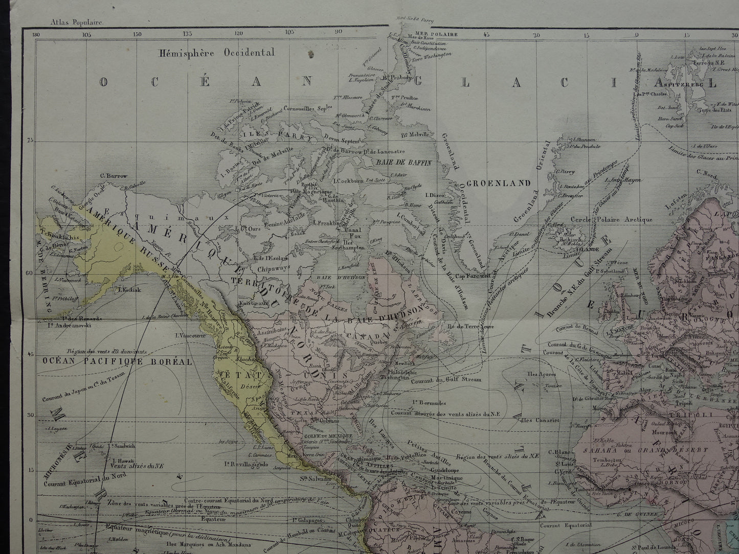 Oude wereldkaart uit 1858 originele antieke handgekleurde Franse landkaart