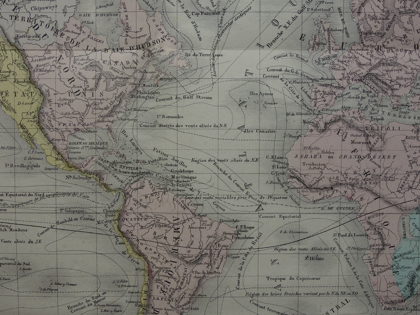 Oude wereldkaart uit 1858 originele antieke handgekleurde Franse landkaart