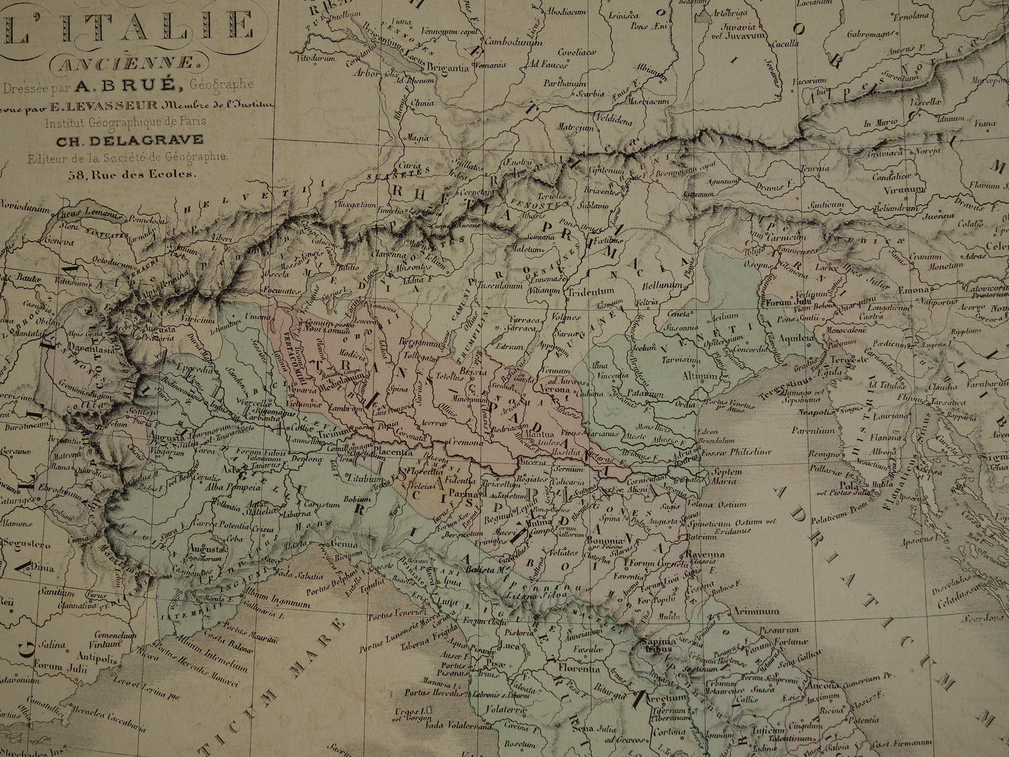 ITALIE grote oude Franse kaart van Italië in de klassieke oudheid uit 1875 originele antieke handgekleurde landkaart