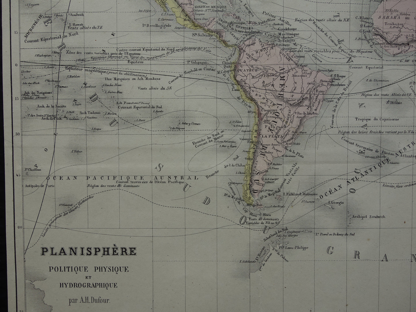 Oude wereldkaart uit 1858 originele antieke handgekleurde Franse landkaart