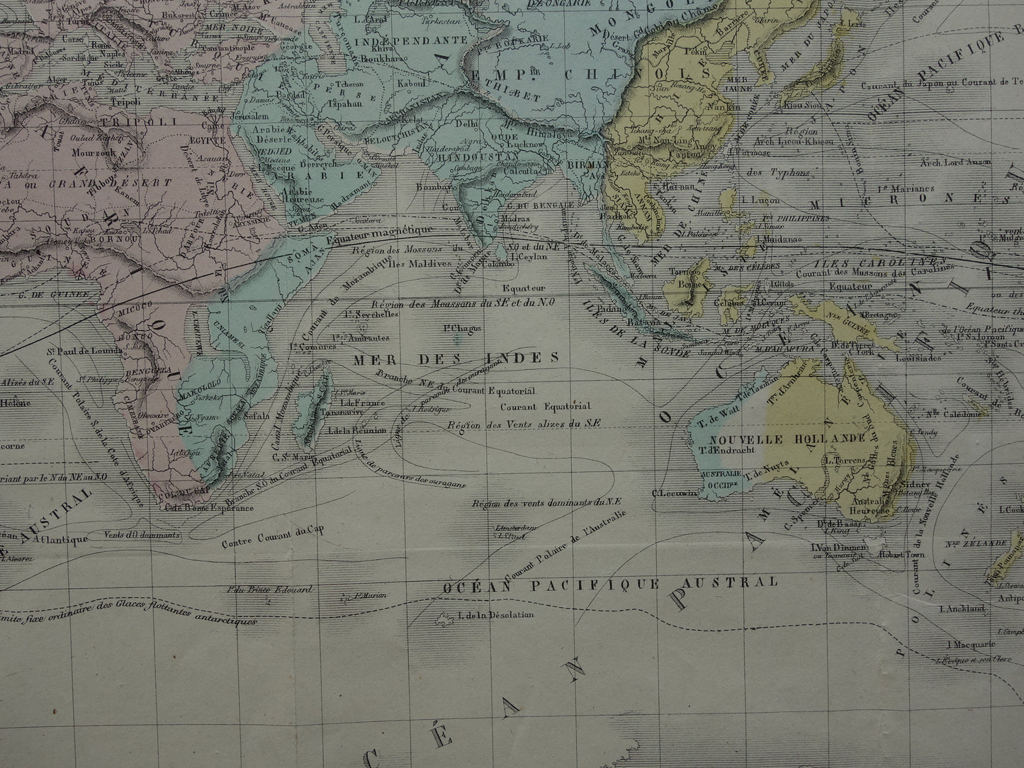 Oude wereldkaart uit 1858 originele antieke handgekleurde Franse landkaart