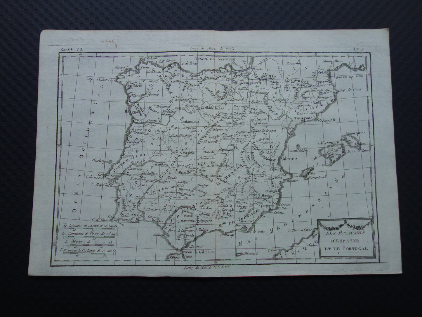 1780 Oude kaart van Spanje en Portugal Originele Antieke landkaart - Raynal Bonne Les Royaumes d'Espagne et de Portugal