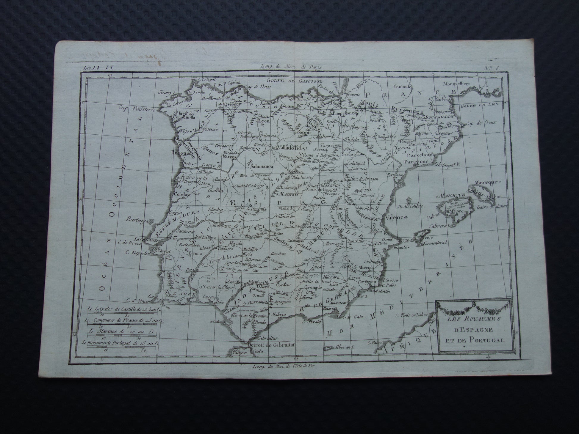 1780 Oude kaart van Spanje en Portugal Originele Antieke landkaart - Raynal Bonne Les Royaumes d'Espagne et de Portugal