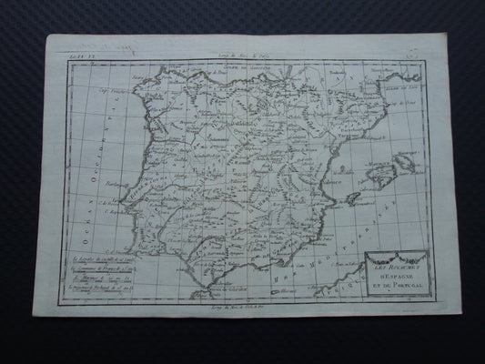 1780 Oude kaart van Spanje en Portugal Originele Antieke landkaart - Raynal Bonne Les Royaumes d'Espagne et de Portugal