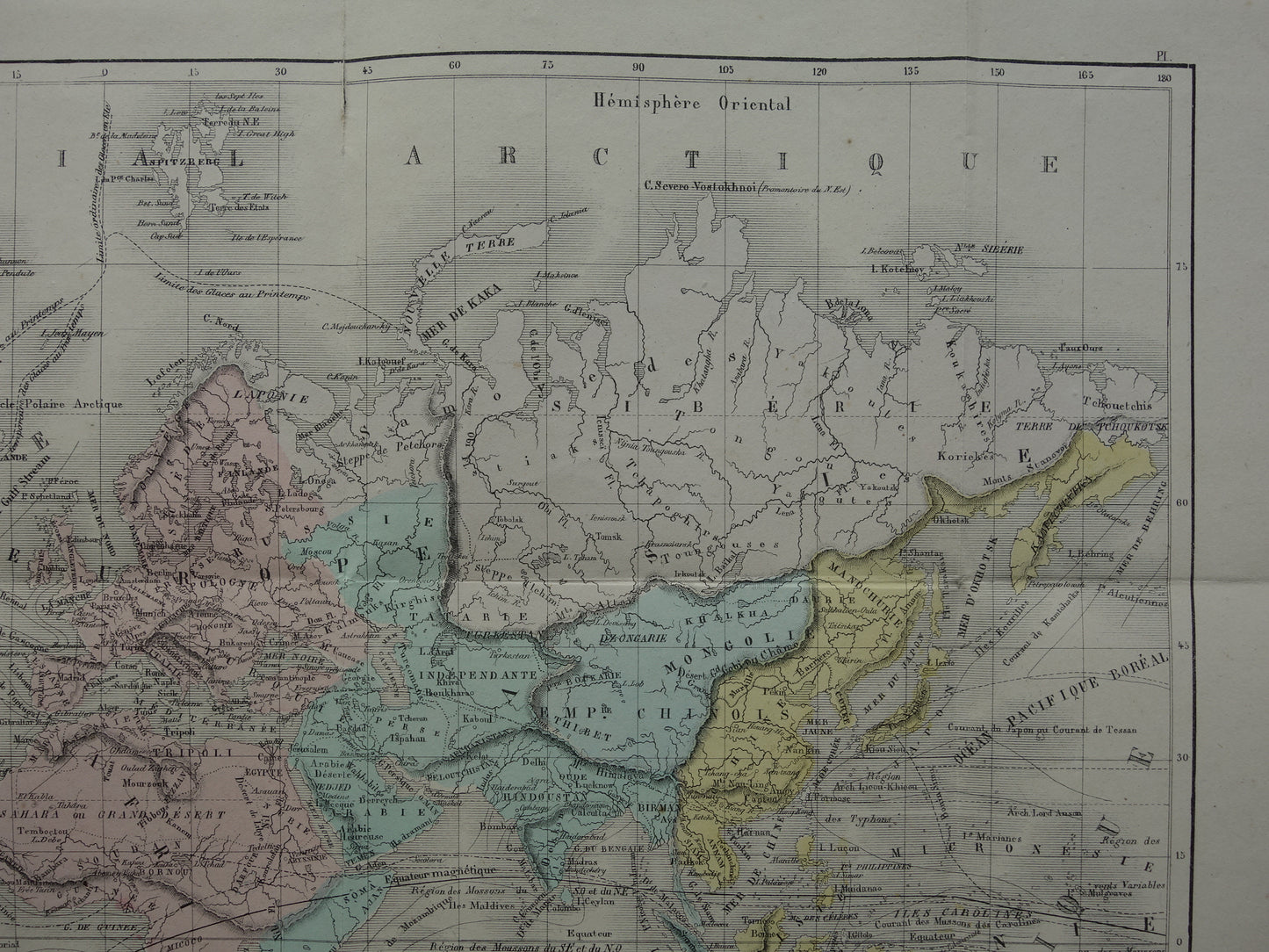 Oude wereldkaart uit 1858 originele antieke handgekleurde Franse landkaart