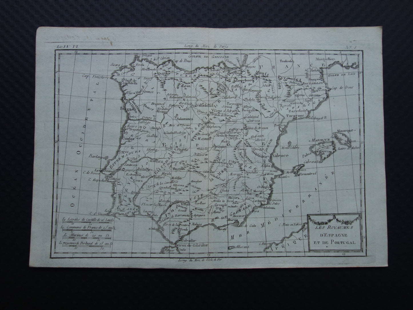 1780 Oude kaart van Spanje en Portugal Originele Antieke landkaart - Raynal Bonne Les Royaumes d'Espagne et de Portugal