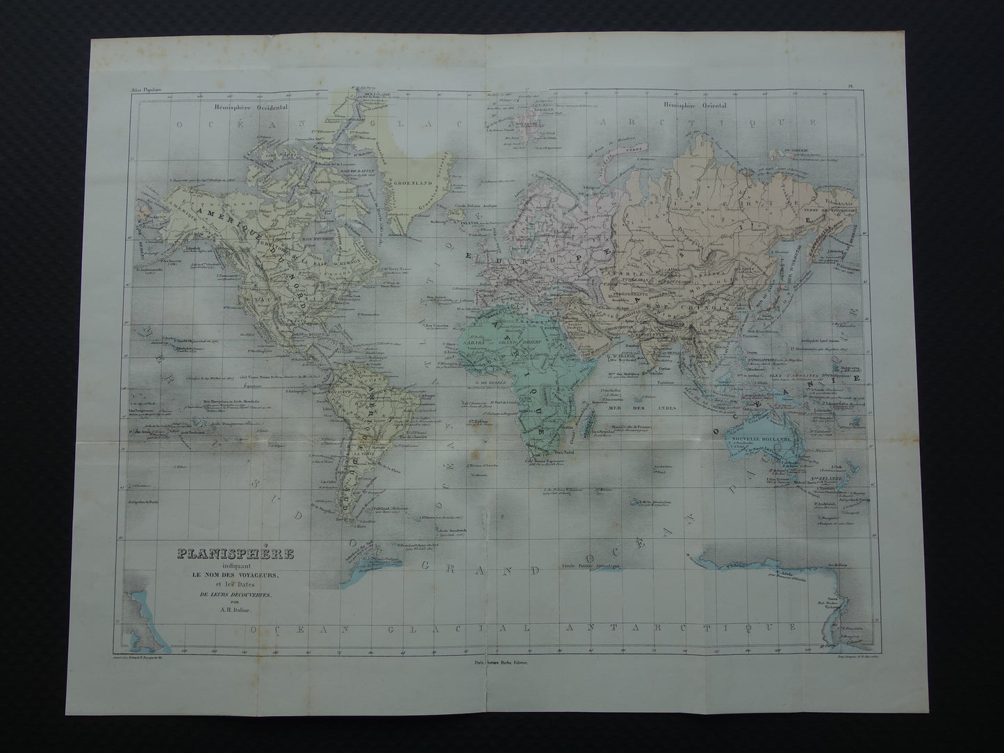 WERELDKAART oude kaart van de wereld met routes ontdekkingsreizigers 1858 originele antieke kaart over ontdekkingsreizen