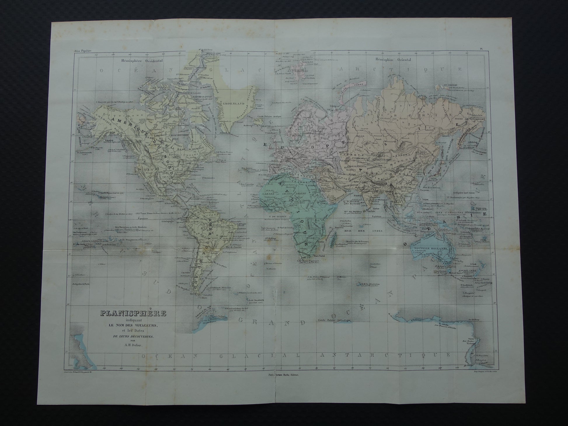 WERELDKAART oude kaart van de wereld met routes ontdekkingsreizigers 1858 originele antieke kaart over ontdekkingsreizen