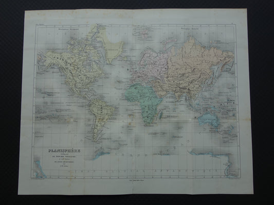 WERELDKAART oude kaart van de wereld met routes ontdekkingsreizigers 1858 originele antieke kaart over ontdekkingsreizen