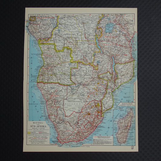 Oude kaart van Zuidelijk Afrika in 1928 originele historische landkaart van Zuid-Afrika Madagaskar Angola Namibië Botswana Tanzania Congo Mozambique Zambia