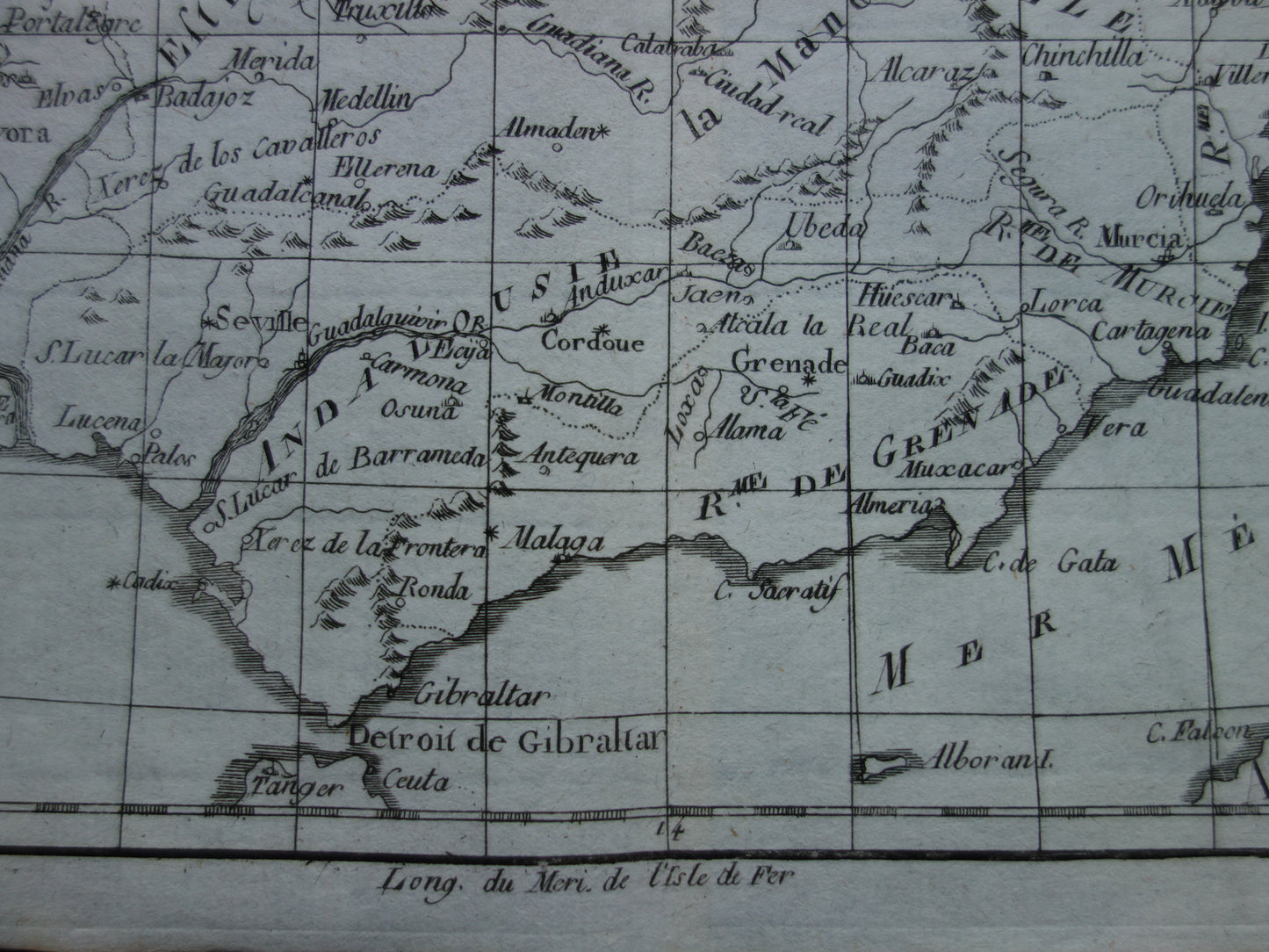 1780 Oude kaart van Spanje en Portugal Originele Antieke landkaart - Raynal Bonne Les Royaumes d'Espagne et de Portugal