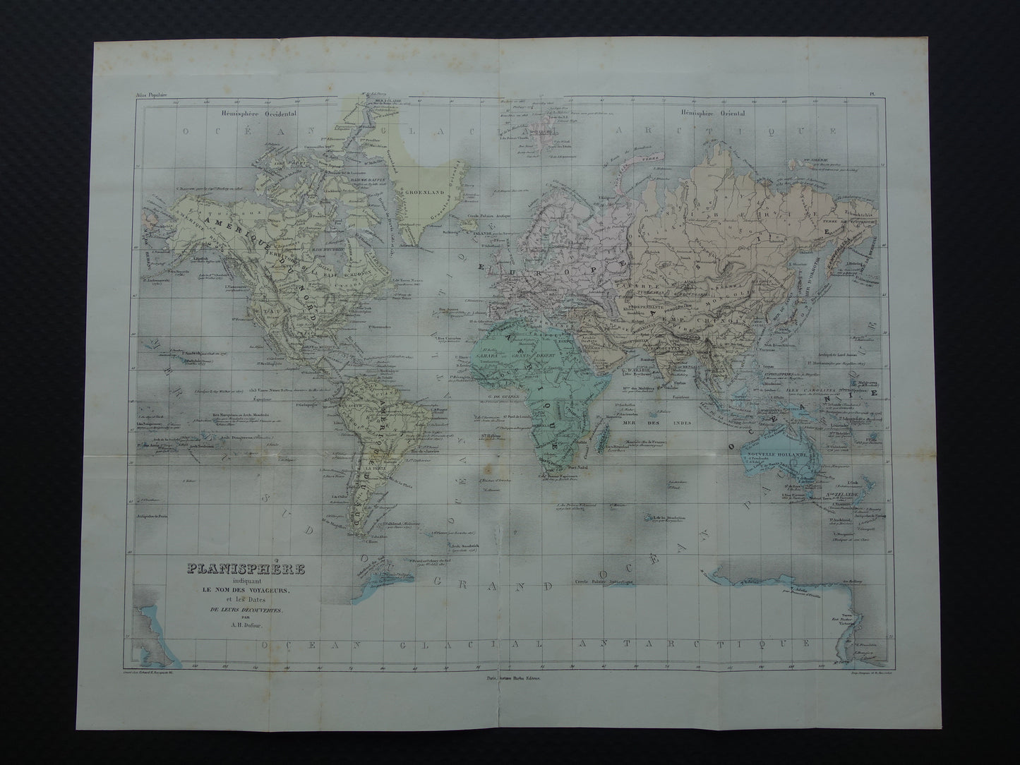 WERELDKAART oude kaart van de wereld met routes ontdekkingsreizigers 1858 originele antieke kaart over ontdekkingsreizen