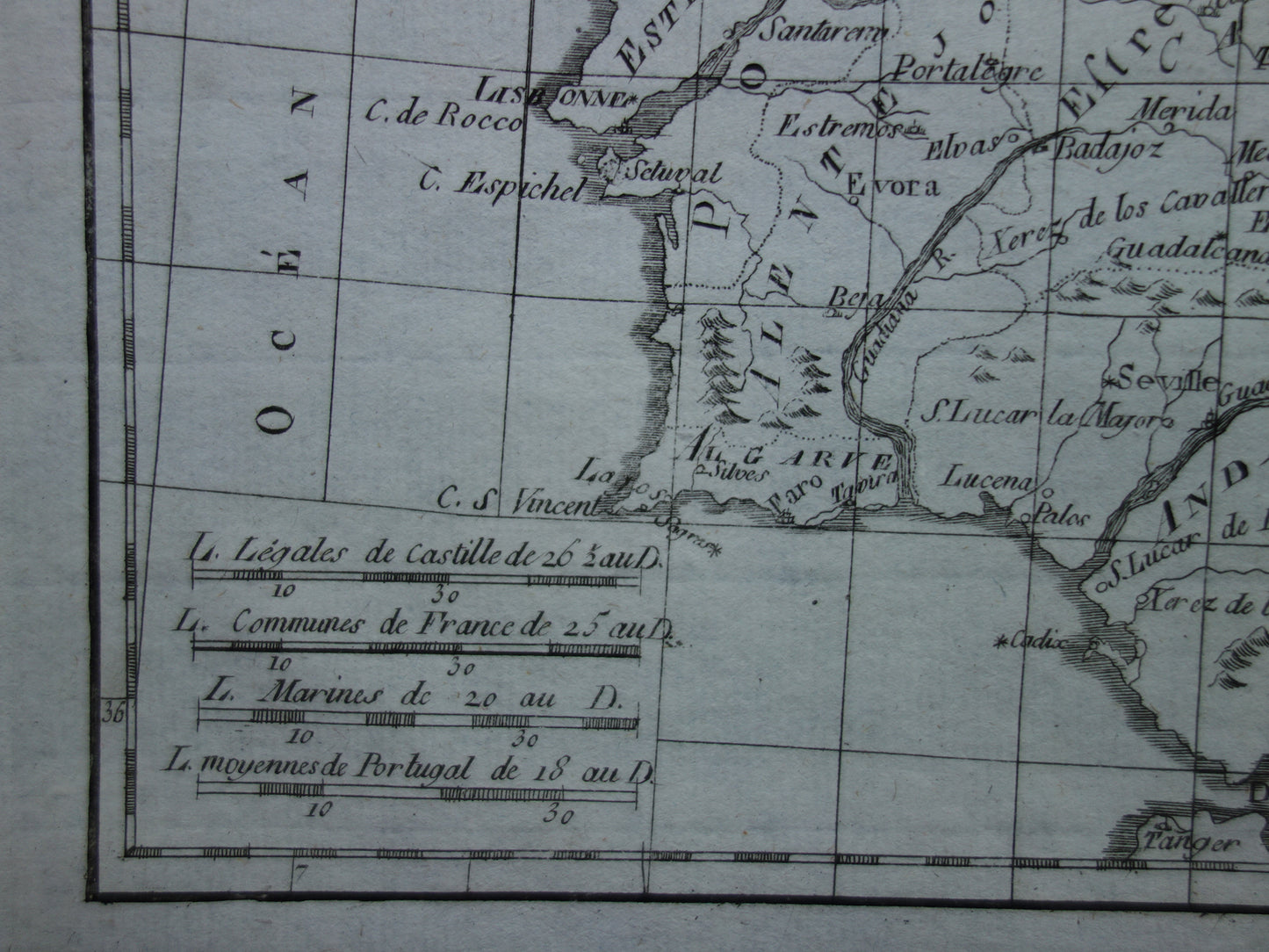 1780 Oude kaart van Spanje en Portugal Originele Antieke landkaart - Raynal Bonne Les Royaumes d'Espagne et de Portugal