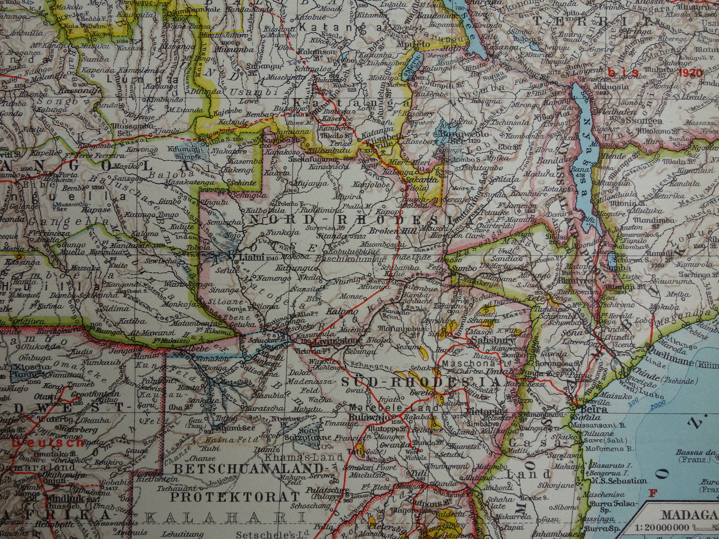 Old map of Southern Africa in 1928 original historical map of South Africa Madagascar Angola Namibia Botswana Tanzania Congo Mozambique Zambia