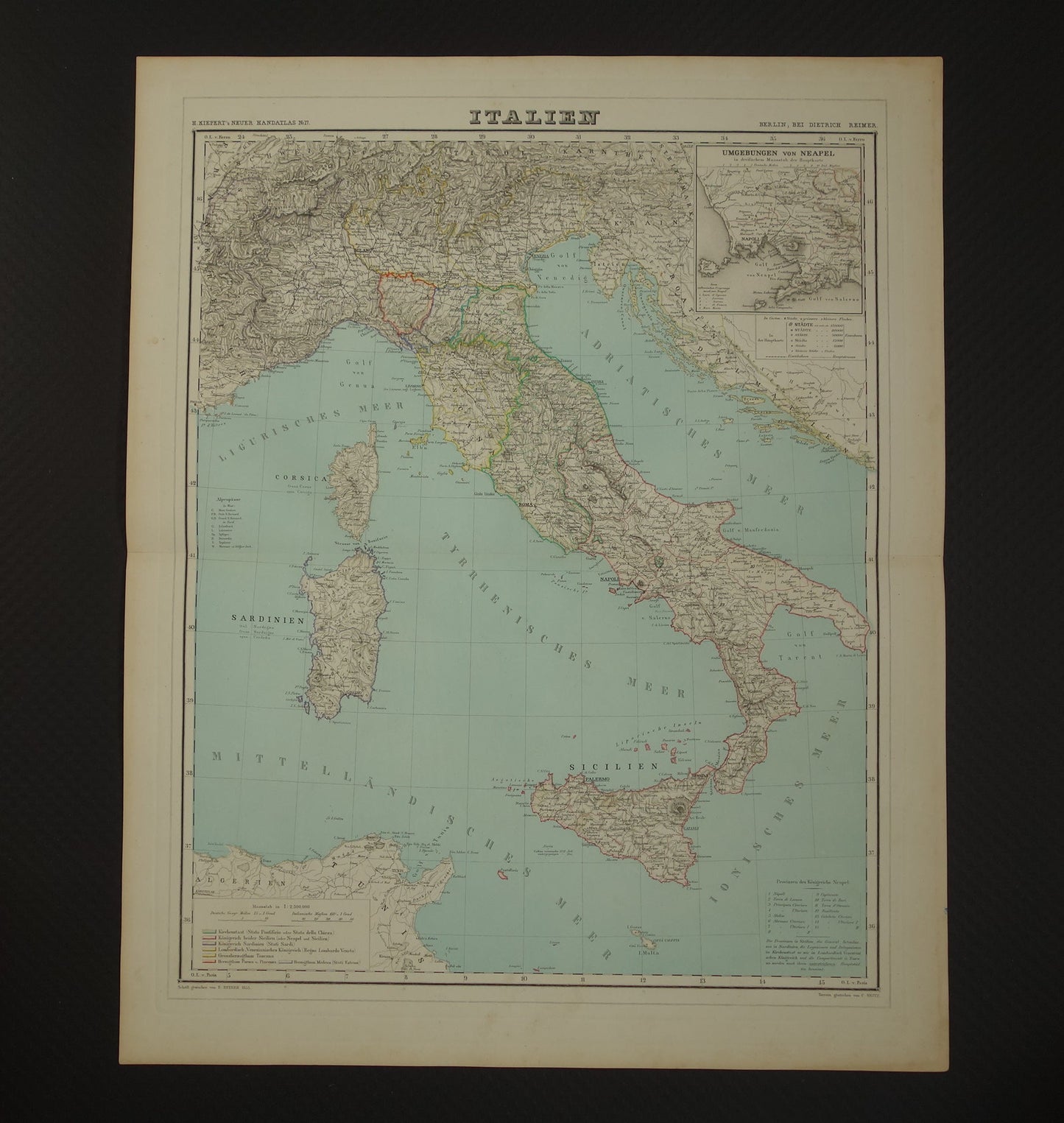 Antieke kaart van Italië in het jaar 1855 Originele grote oude Duitse landkaart