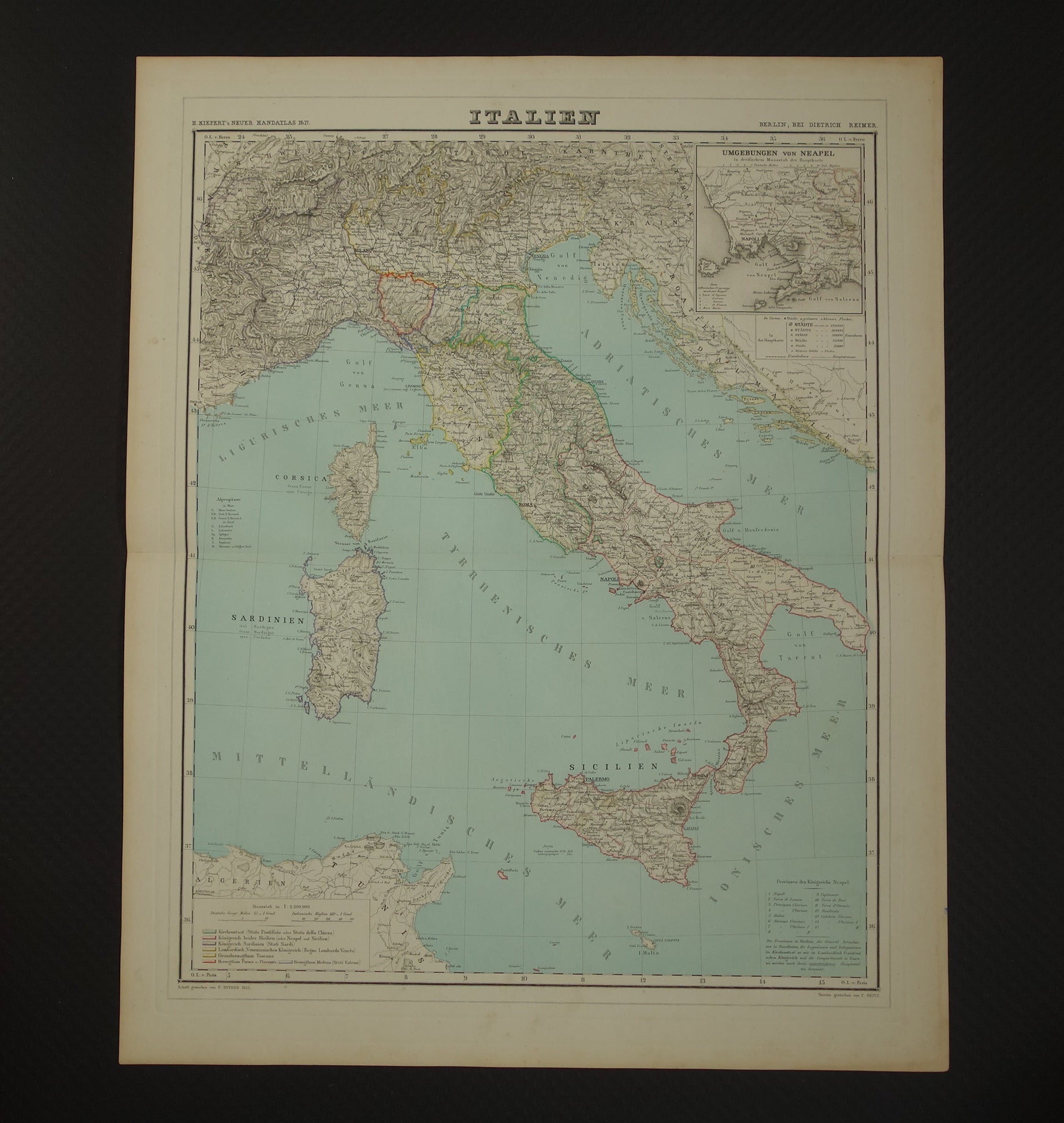 Antieke kaart van Italië in het jaar 1855 Originele grote oude Duitse landkaart
