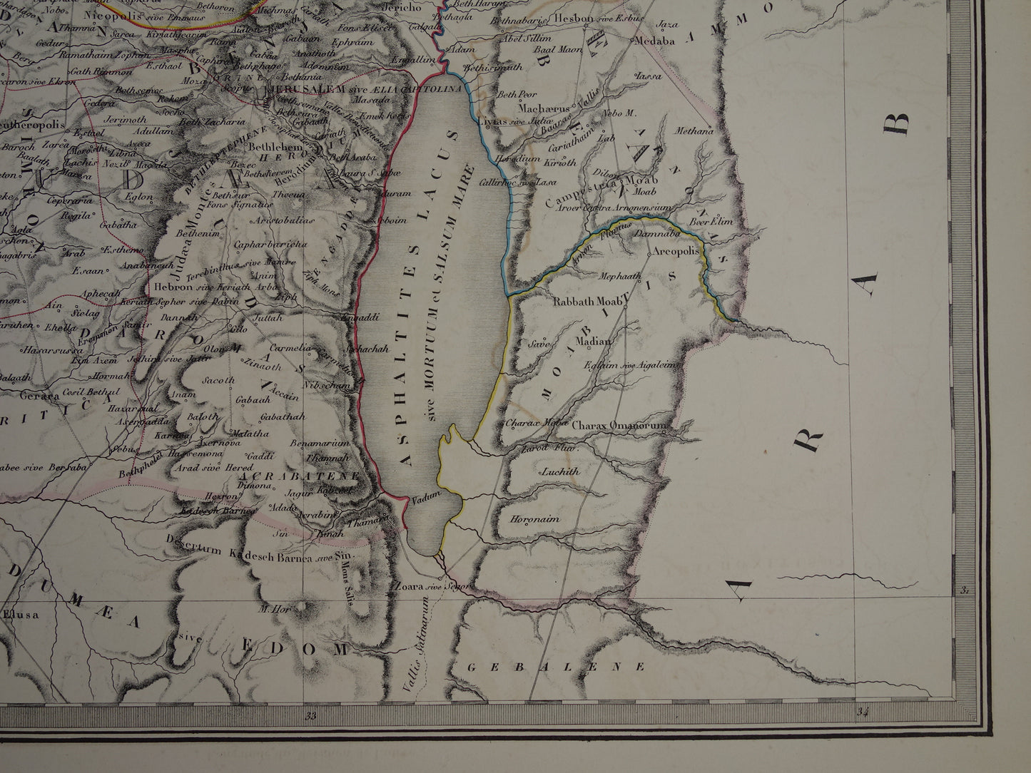 Oude kaart van Palestina in de klassieke oudheid uit 1851 originele antieke Franse handgekleurde landkaart Heilige Land Jeruzalem