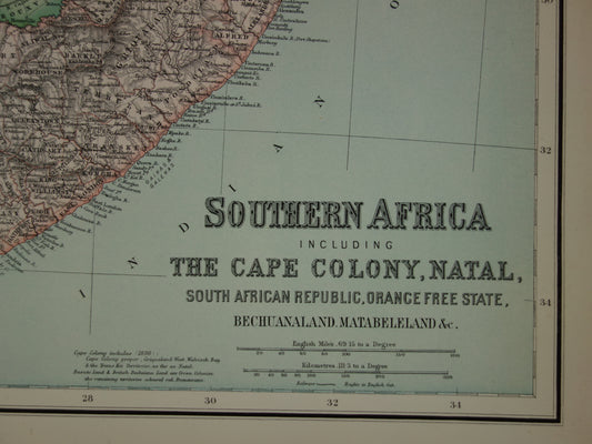 Landkaart van zuidelijk Afrika uit 1890 Grote originele 130+ jaar oude antieke kaart van Oranje Vrijstaat Kaapkolonie Natal Zuid Afrikaanse Republiek