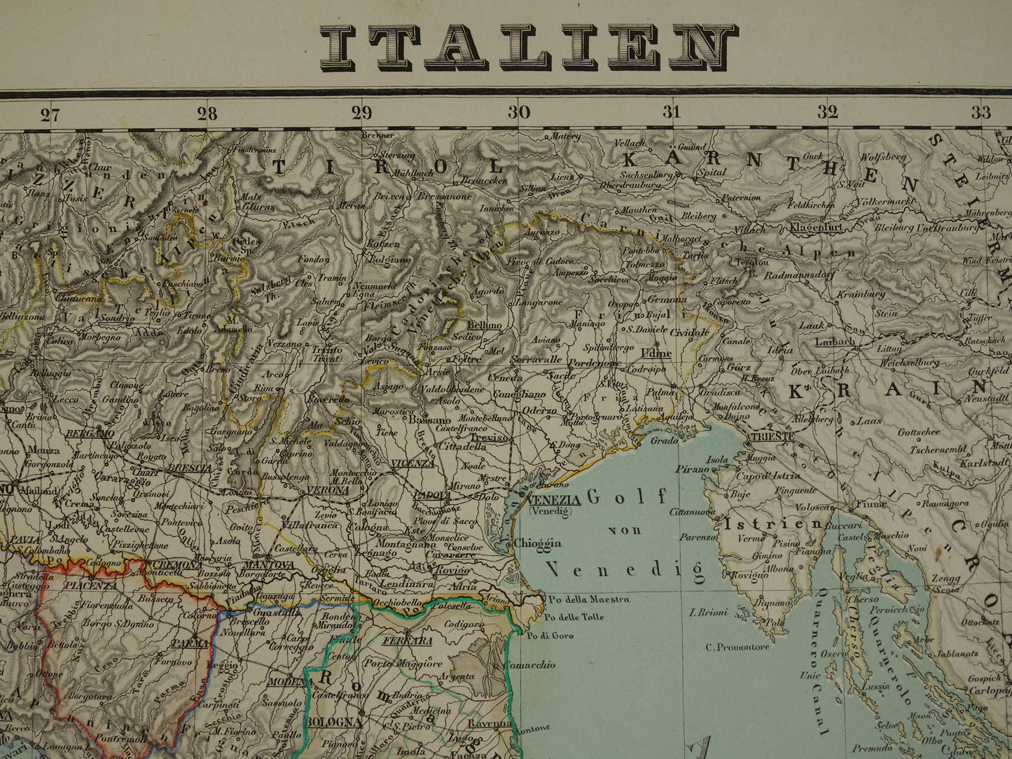 Antieke kaart van Italië in het jaar 1855 Originele grote oude Duitse landkaart