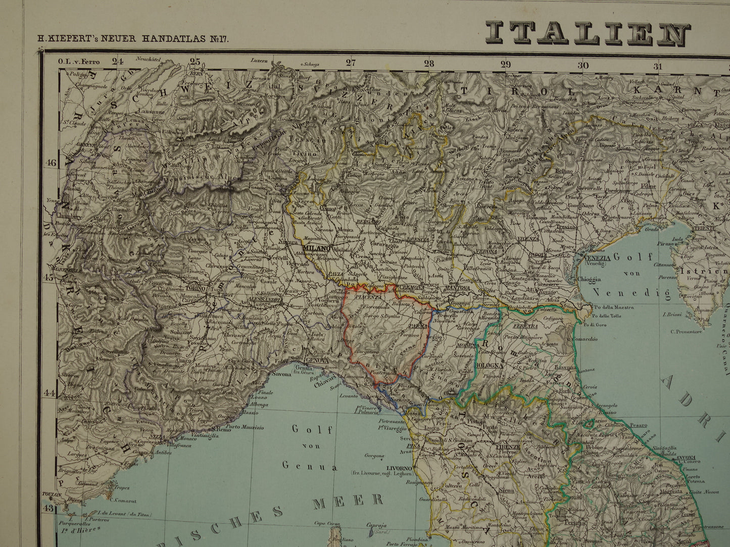Antieke kaart van Italië in het jaar 1855 Originele grote oude Duitse landkaart