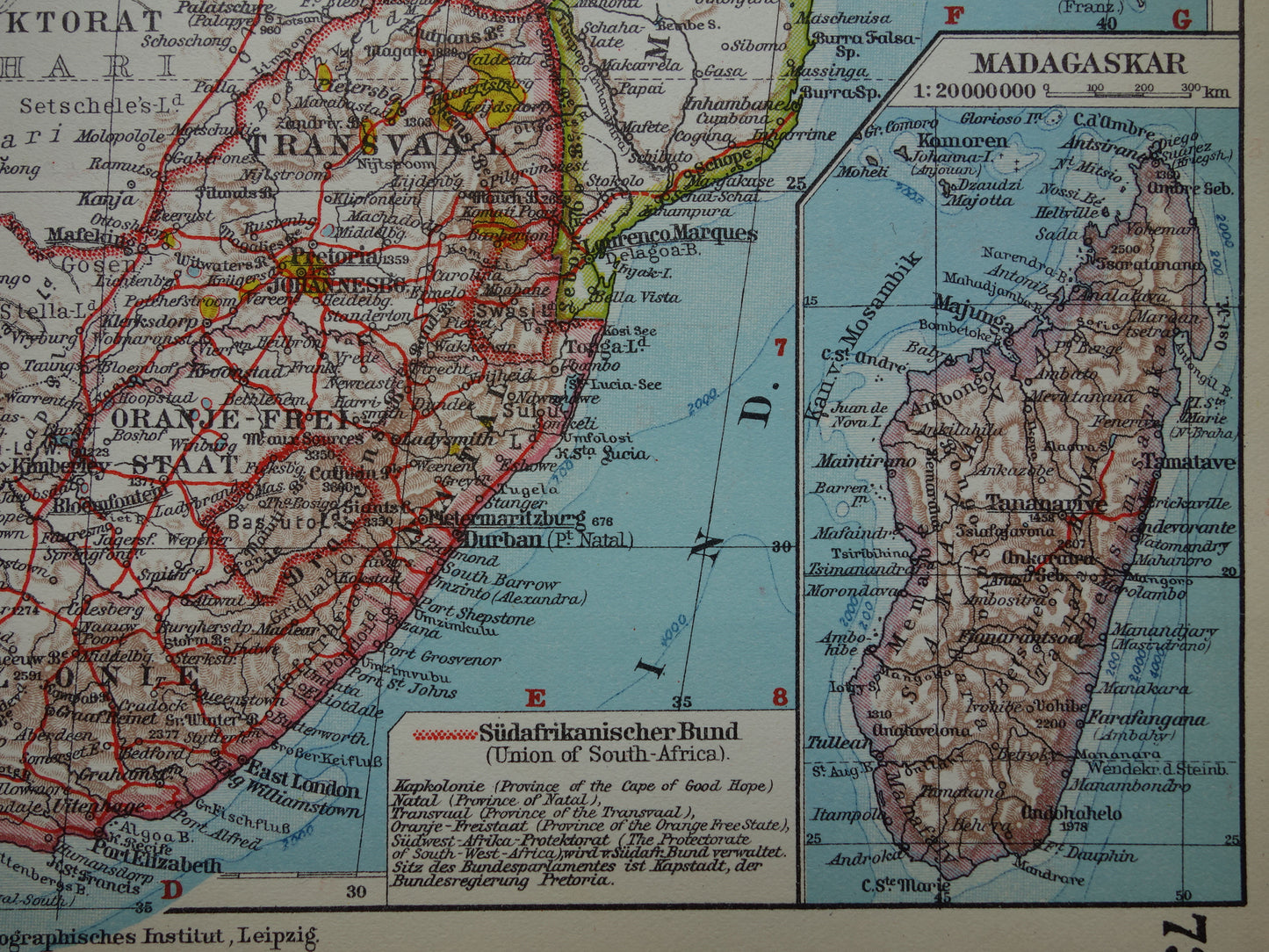 Old map of Southern Africa in 1928 original historical map of South Africa Madagascar Angola Namibia Botswana Tanzania Congo Mozambique Zambia