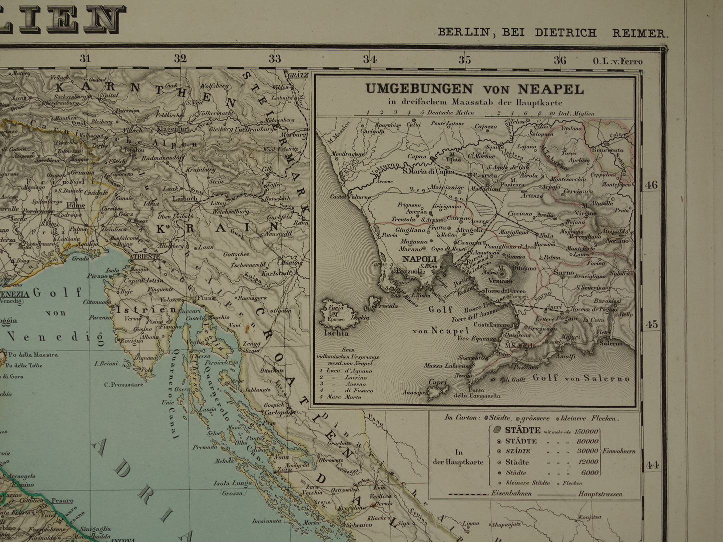 Antieke kaart van Italië in het jaar 1855 Originele grote oude Duitse landkaart