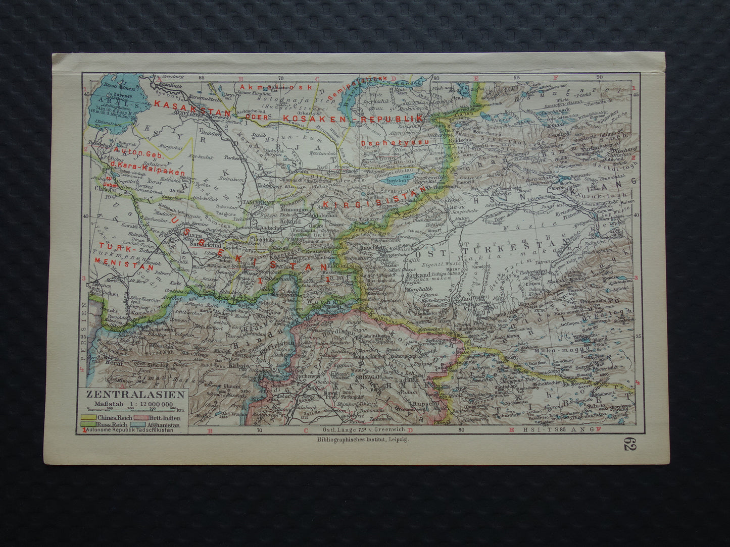 CENTRAL ASIA old map of Tibet Turkestan Himalaya small antique German map Uzbekistan Kyrgyzstan Tajikistan