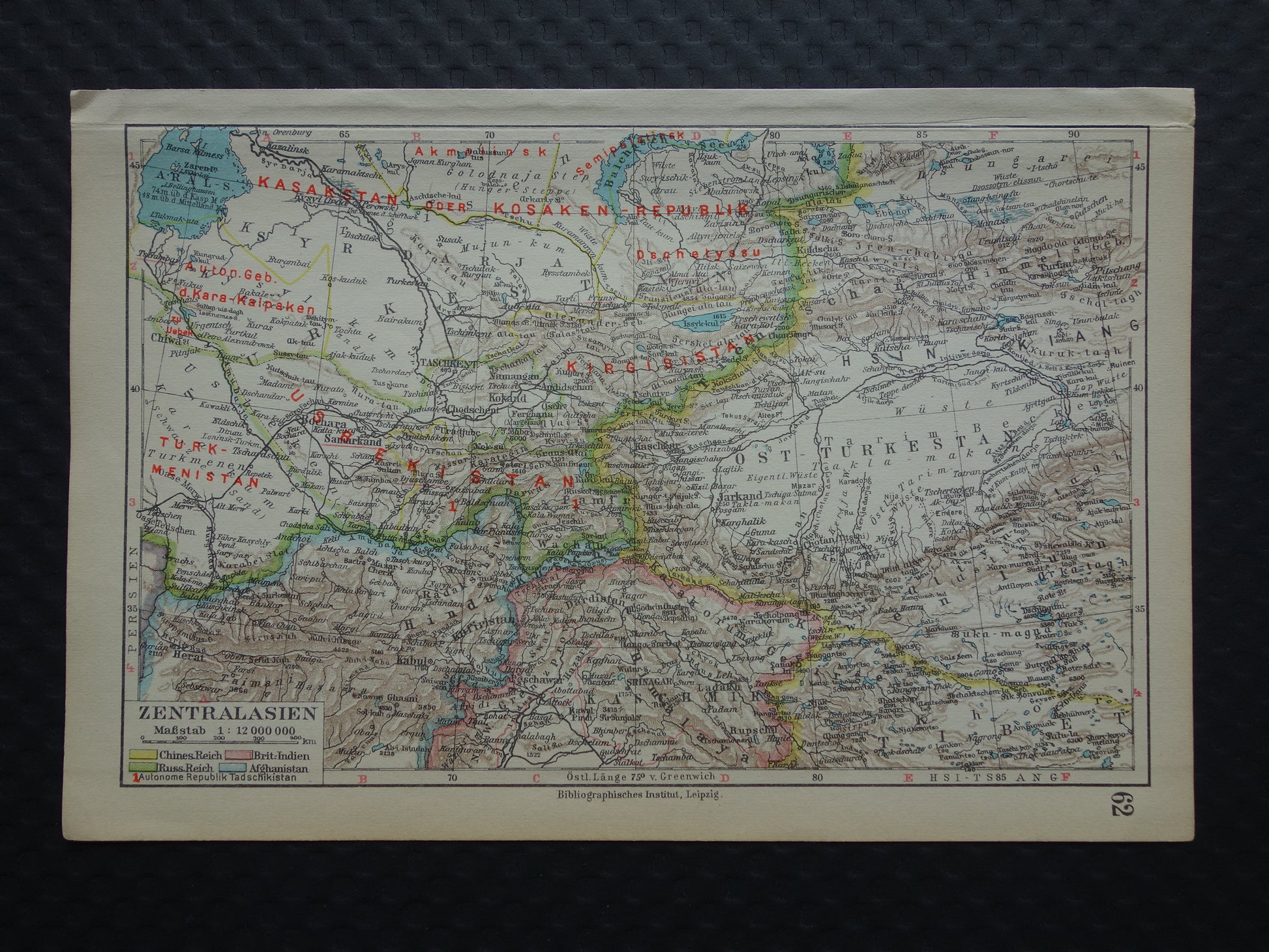 CENTRAAL-AZIË oude landkaart van Tibet Turkestan Himalaya kleine antieke Duitse kaart Oezbekistan Kirgizië Tadzjikistan