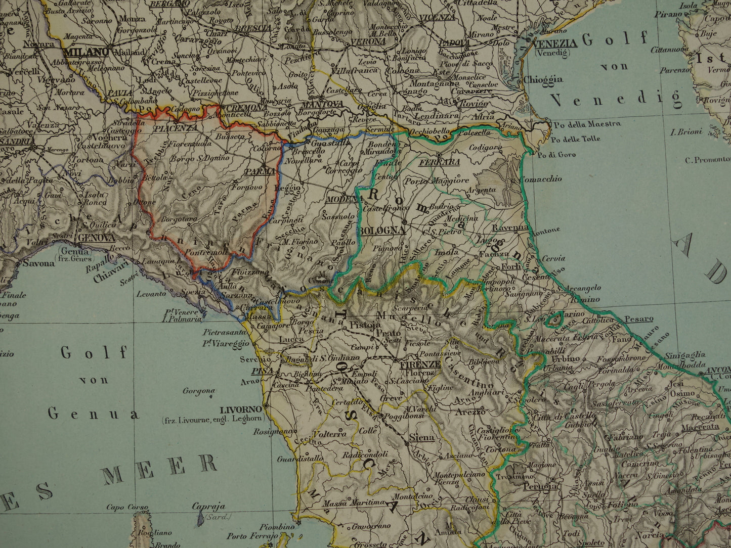 Antieke kaart van Italië in het jaar 1855 Originele grote oude Duitse landkaart