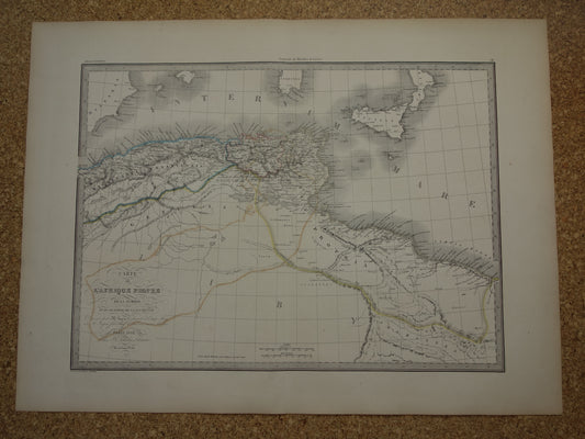 Oude kaart van Noord-Afrika in de klassieke oudheid uit 1851 originele antieke Franse handgekleurde landkaart Carthago Mauretanië Numidië Tunesië met jaartal