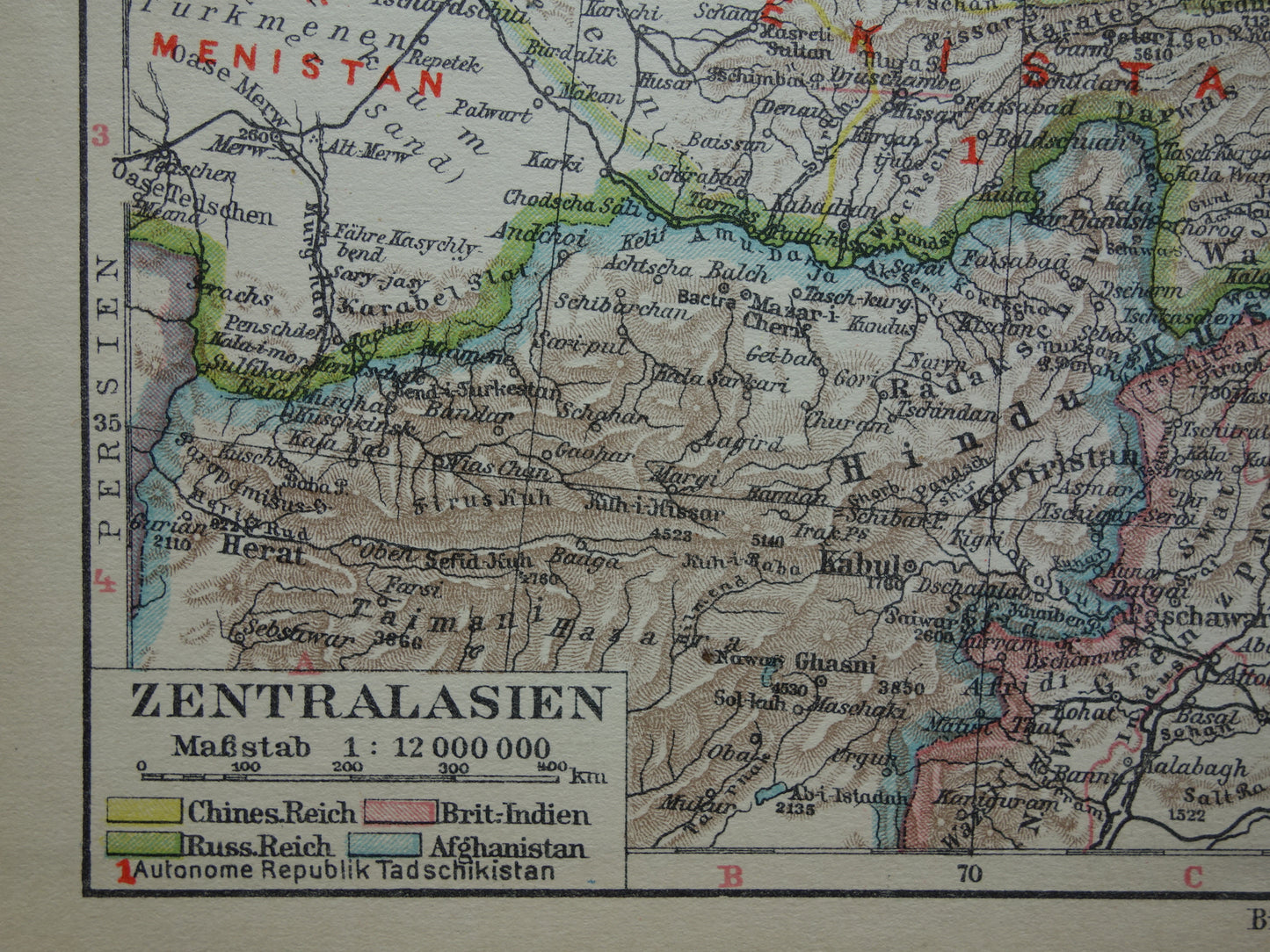 CENTRAL ASIA old map of Tibet Turkestan Himalaya small antique German map Uzbekistan Kyrgyzstan Tajikistan