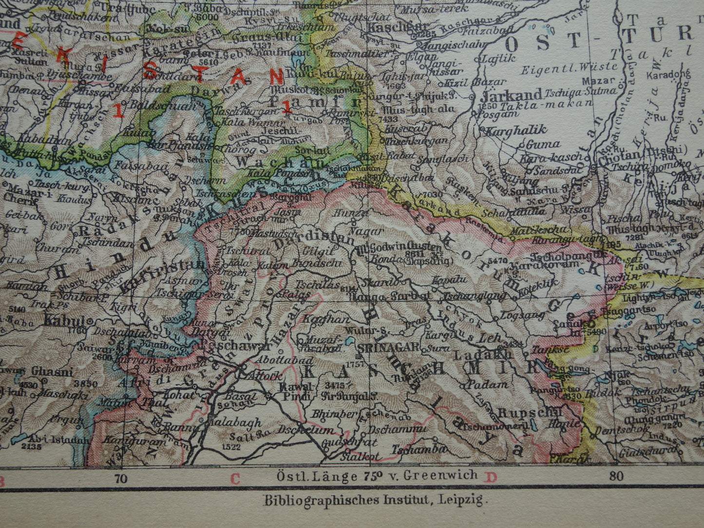 CENTRAL ASIA old map of Tibet Turkestan Himalaya small antique German map Uzbekistan Kyrgyzstan Tajikistan