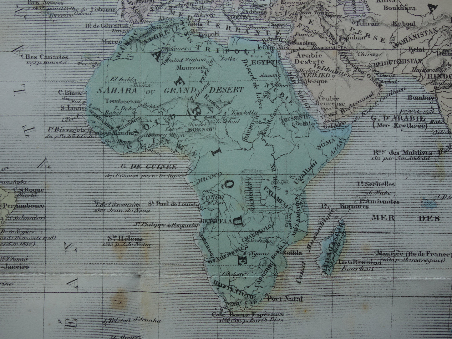 WERELDKAART oude kaart van de wereld met routes ontdekkingsreizigers 1858 originele antieke kaart over ontdekkingsreizen