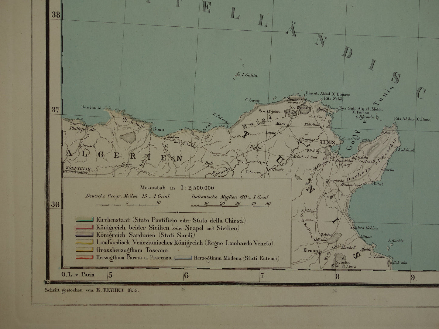 Antieke kaart van Italië in het jaar 1855 Originele grote oude Duitse landkaart