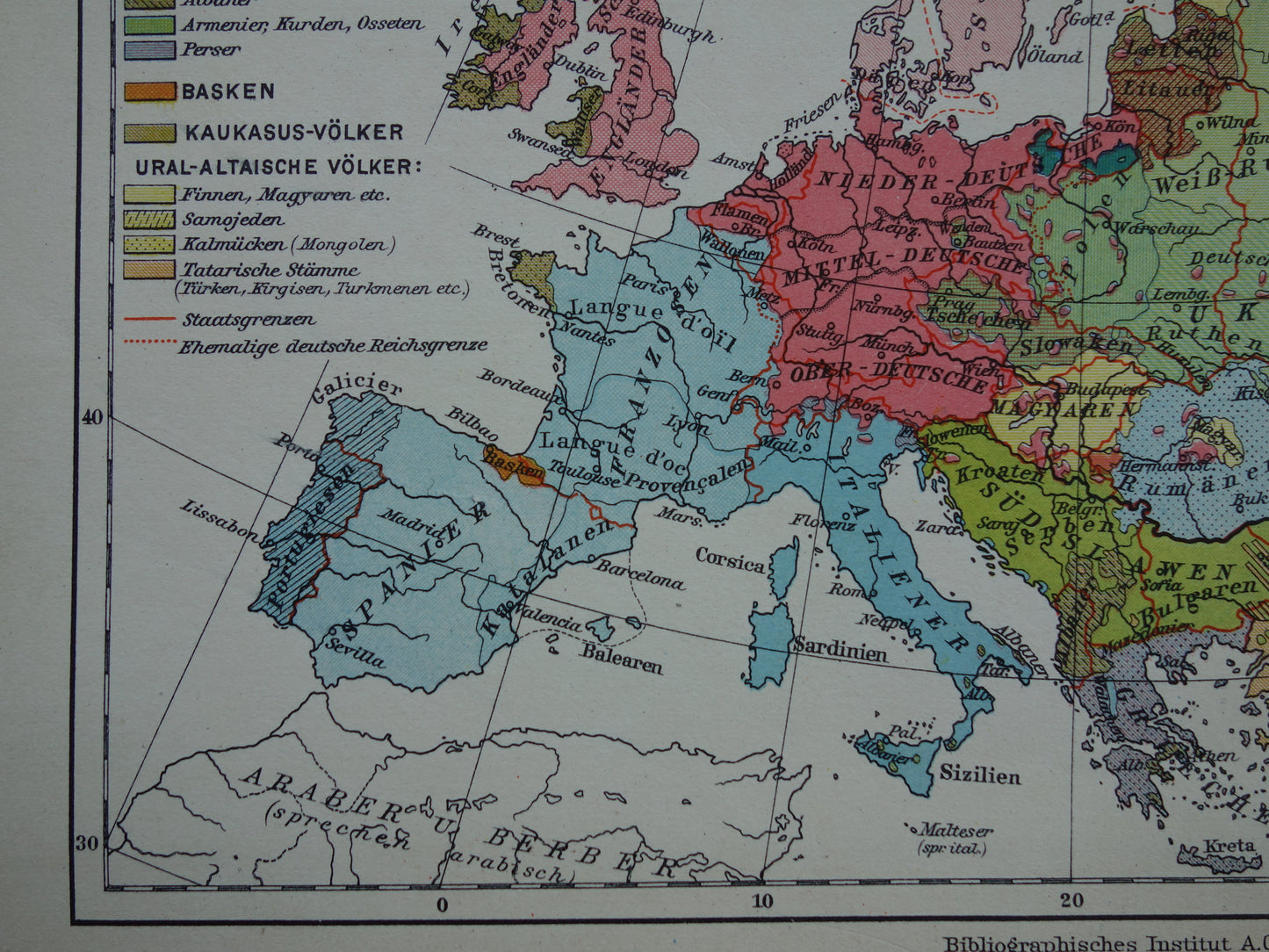 Oude kaart van Europa - kleine etnologische en linguïstische landkaart Europa - vintage kaarten