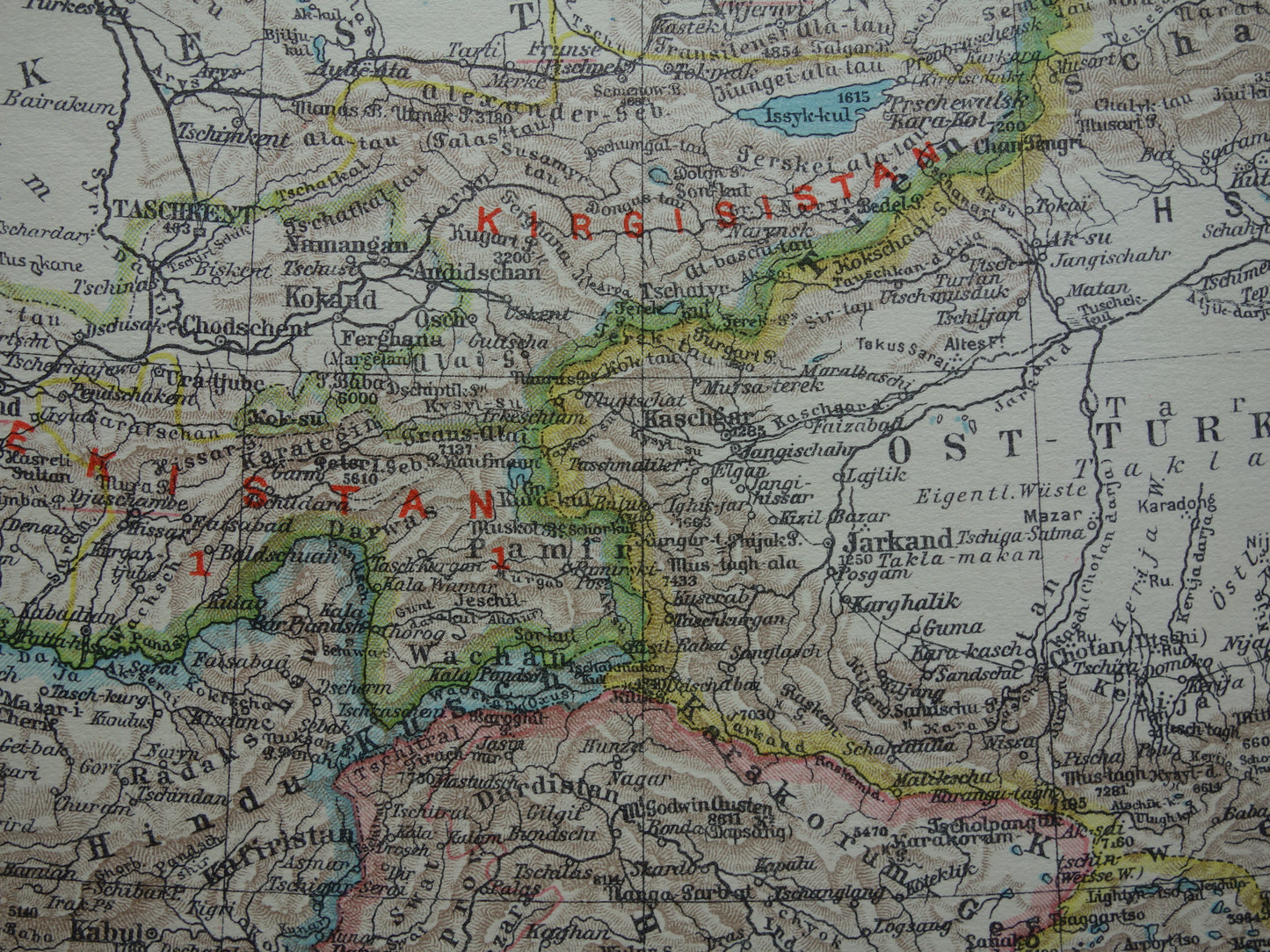 CENTRAL ASIA old map of Tibet Turkestan Himalaya small antique German map Uzbekistan Kyrgyzstan Tajikistan