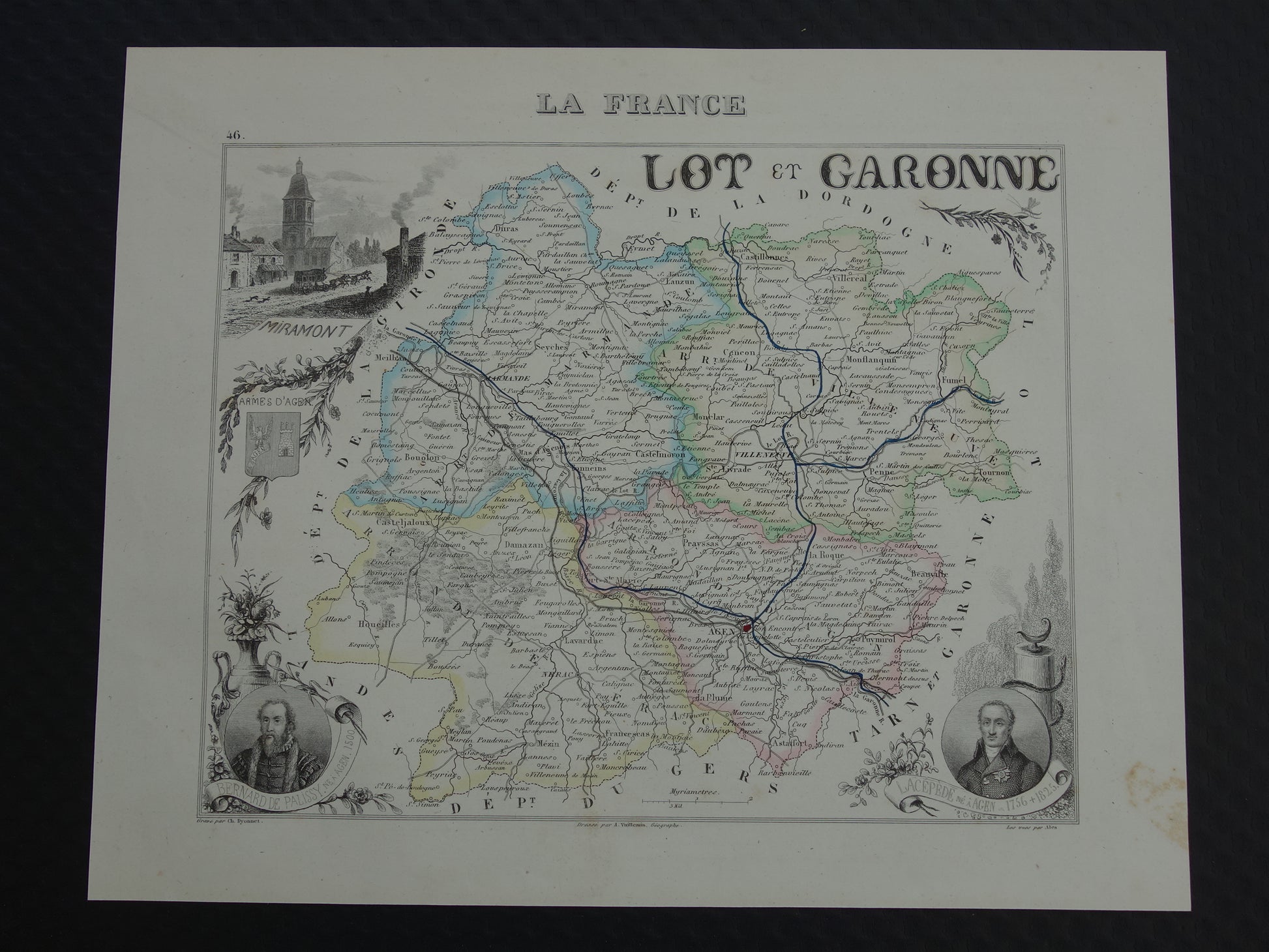 Lot-et-Garonne Frankrijk oude kaart uit 1856 originele antieke handgekleurde landkaart departement Miramont Agen