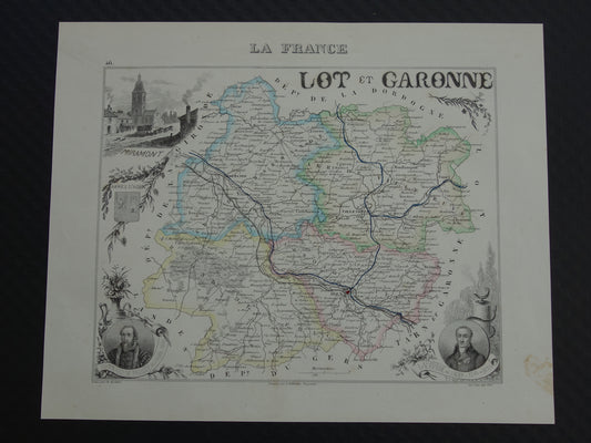 Lot-et-Garonne Frankrijk oude kaart uit 1856 originele antieke handgekleurde landkaart departement Miramont Agen