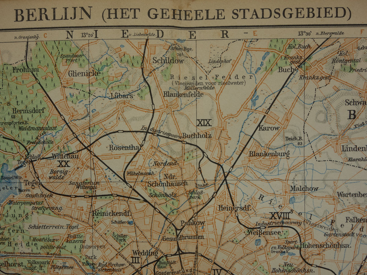 BERLIN und Umgebung, alte Karte von Berlin aus dem Jahr 1933, originale niederländische Vintage-Karte