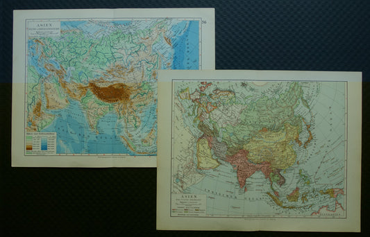 AZIË oude kaart Set van 2 originele vintage landkaarten 1926 Politieke en Fysieke kaart continent
