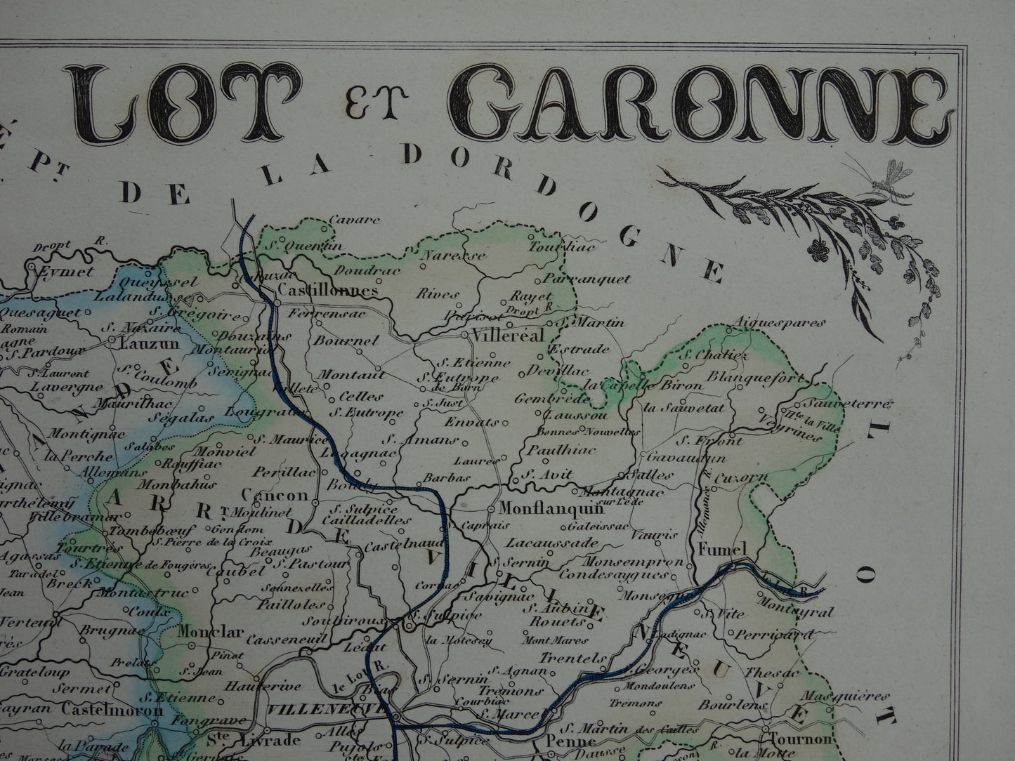 Lot-et-Garonne Frankrijk oude kaart uit 1856 originele antieke handgekleurde landkaart departement Miramont Agen