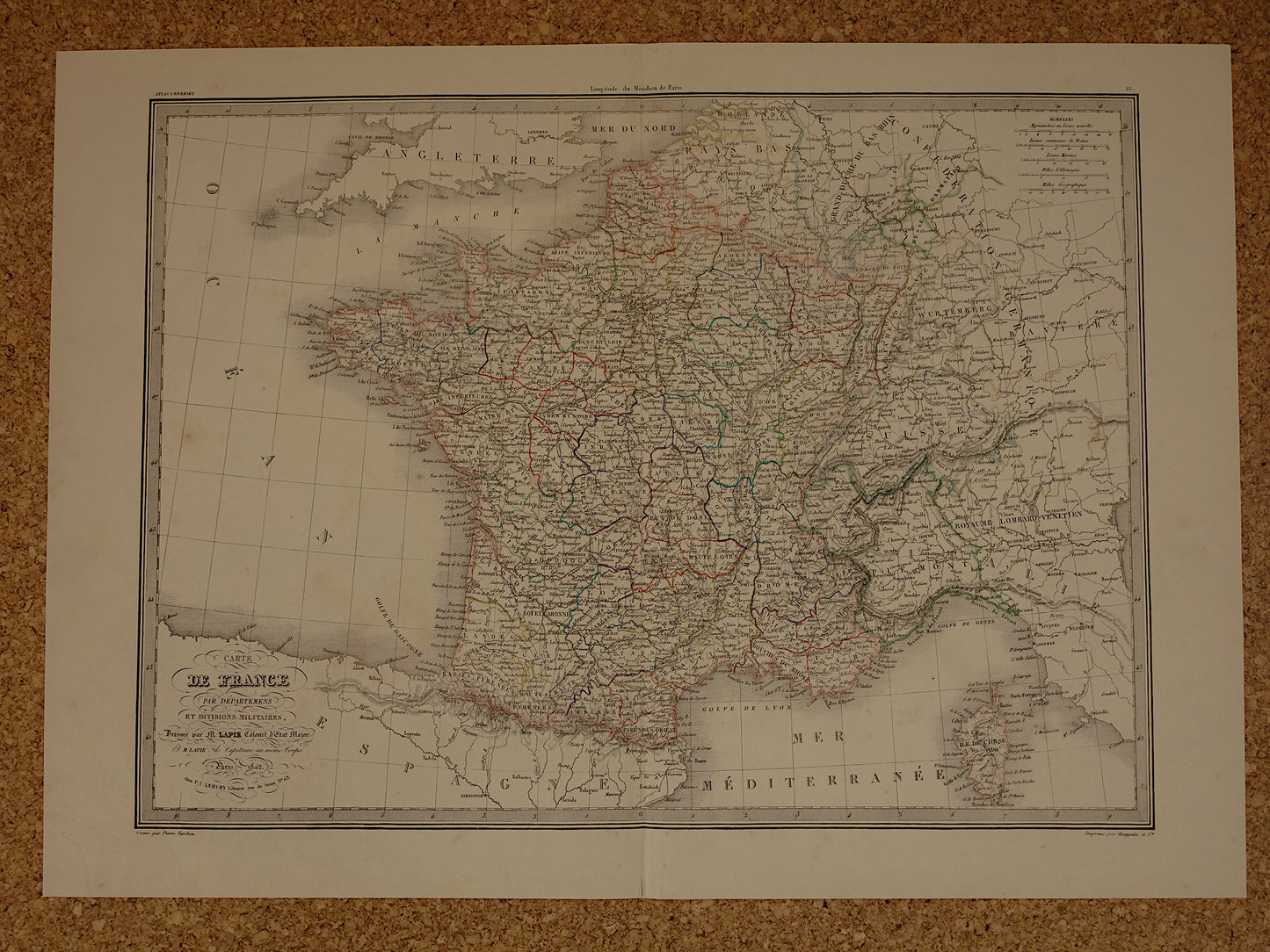FRANKRIJK grote oude Franse kaart van Frankrijk in 1829 originele antieke handgekleurde landkaart poster