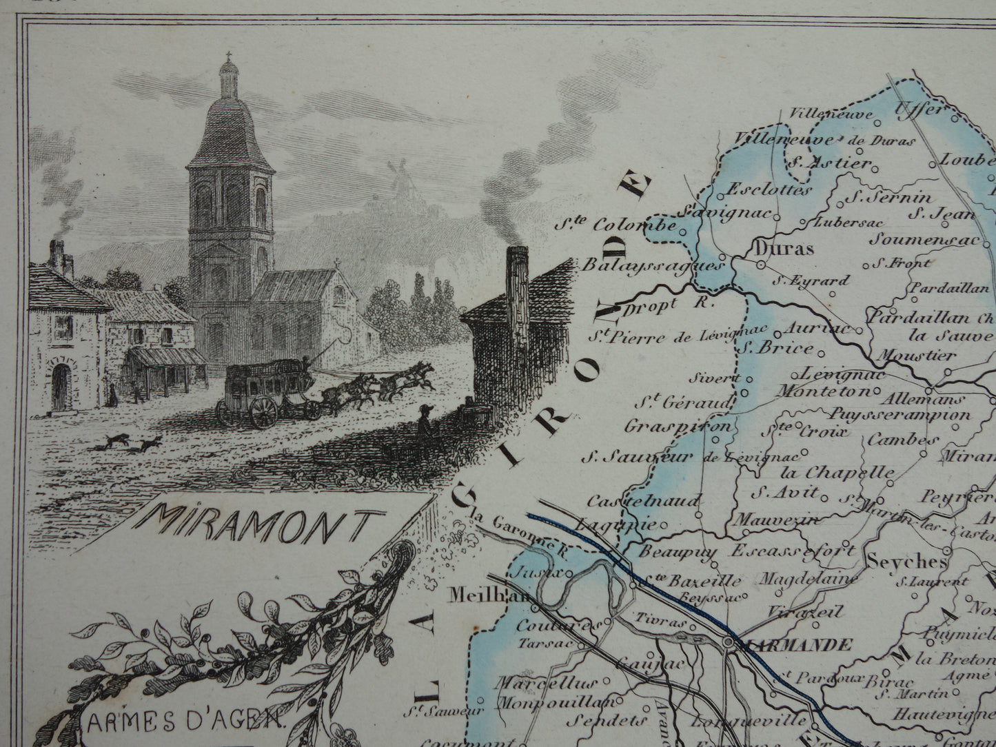 Lot-et-Garonne Frankrijk oude kaart uit 1856 originele antieke handgekleurde landkaart departement Miramont Agen