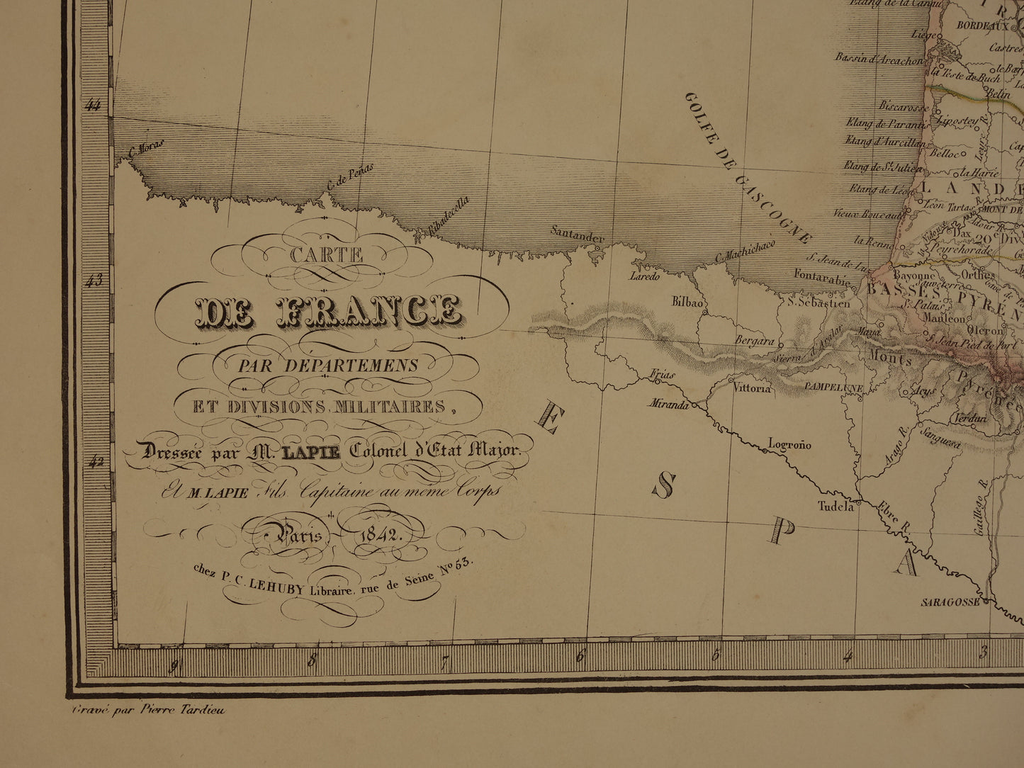 oude landkaart van Frankrijk uit 1842