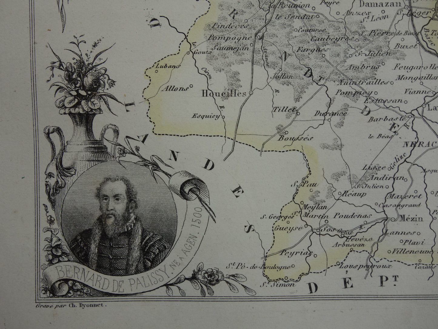 Lot-et-Garonne Frankrijk oude kaart uit 1856 originele antieke handgekleurde landkaart departement Miramont Agen