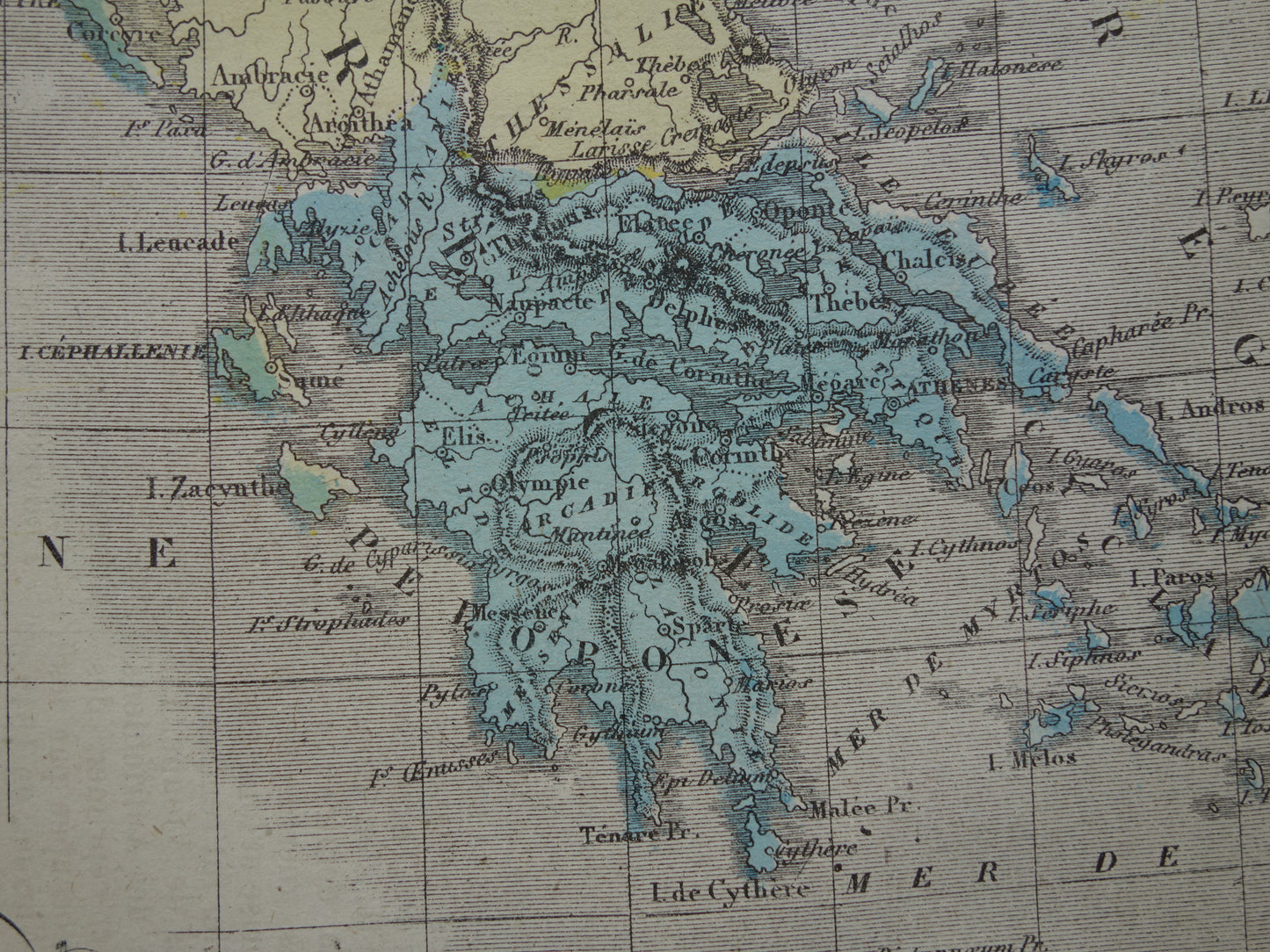 GRIEKENLAND in de oudheid - antieke kaart van Griekenland 140+ jaar oude Franse handgekleurde landkaart Athene Sparta
