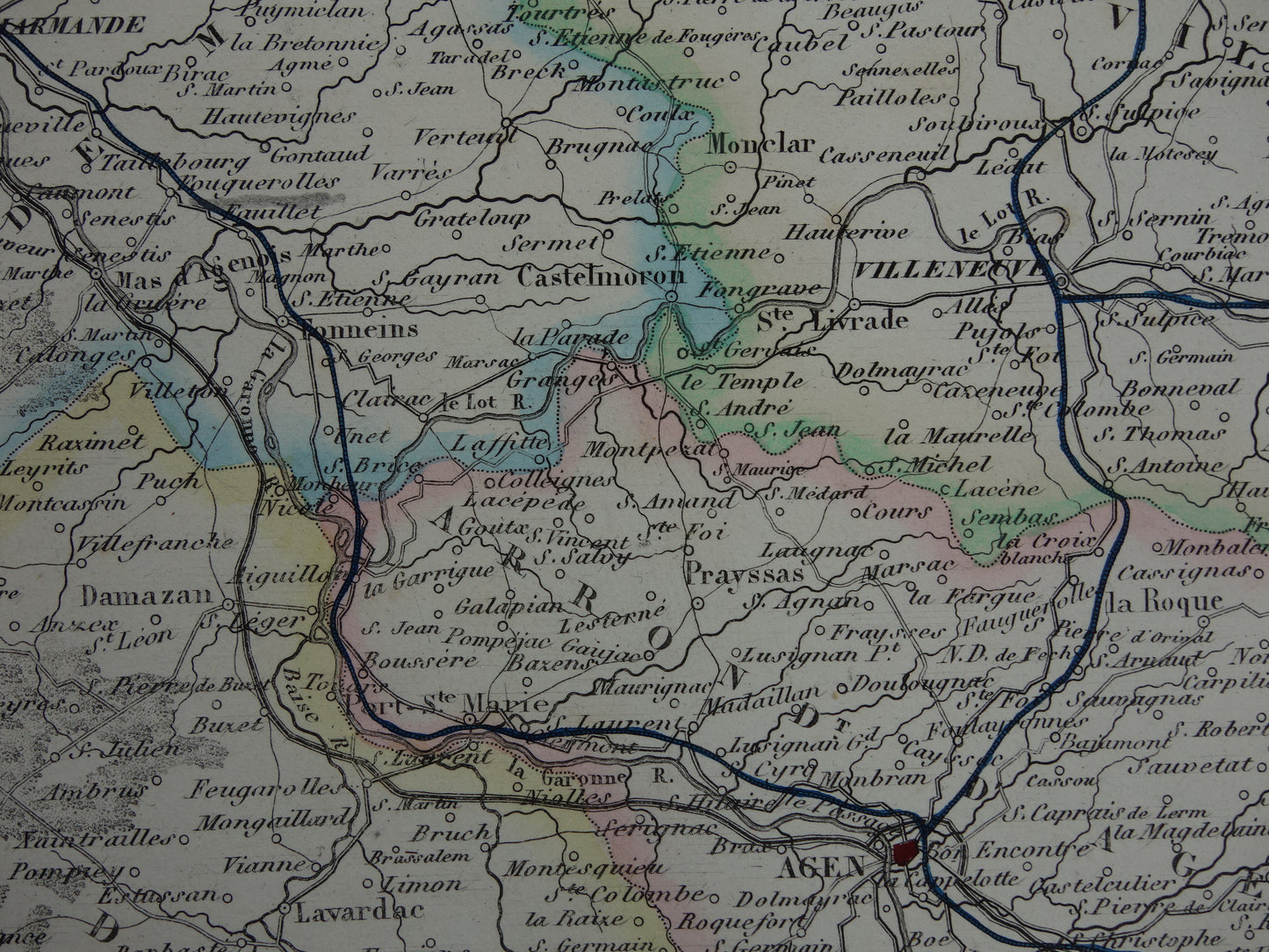 Lot-et-Garonne Frankrijk oude kaart uit 1856 originele antieke handgekleurde landkaart departement Miramont Agen