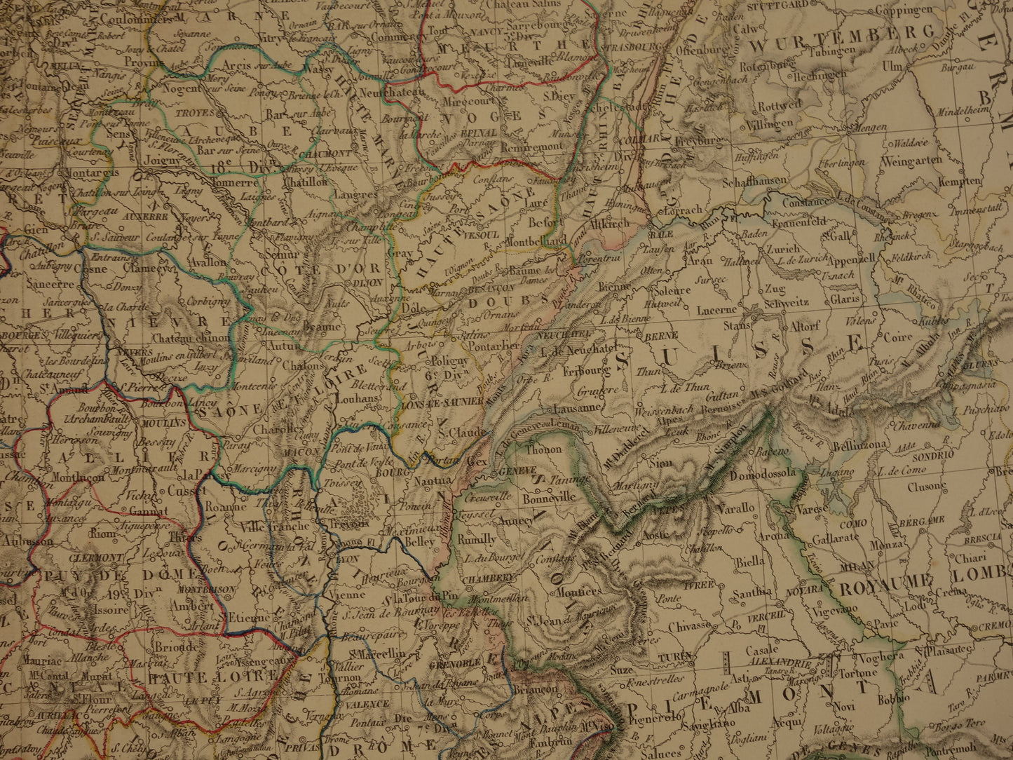 FRANKRIJK grote oude Franse kaart van Frankrijk in 1842 originele antieke handgekleurde landkaart poster