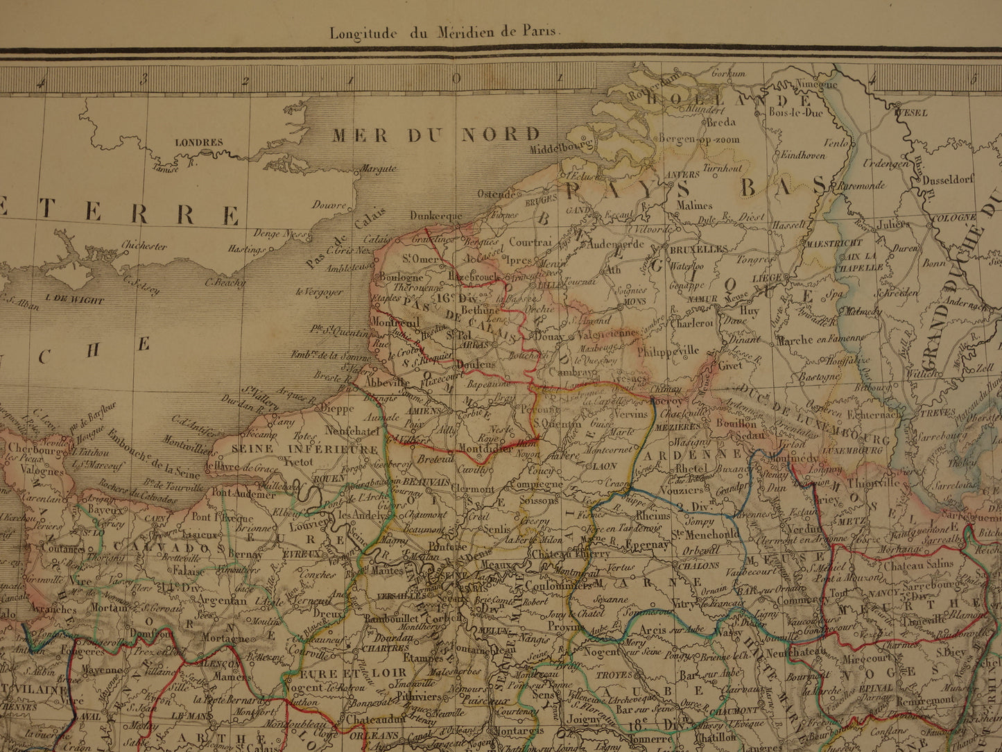 FRANKRIJK grote oude Franse kaart van Frankrijk in 1842 originele antieke handgekleurde landkaart poster