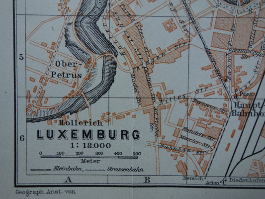 LUXEMBURG oude kaart van Luxembourg Stad uit 1904 kleine originele antieke plattegrond landkaart